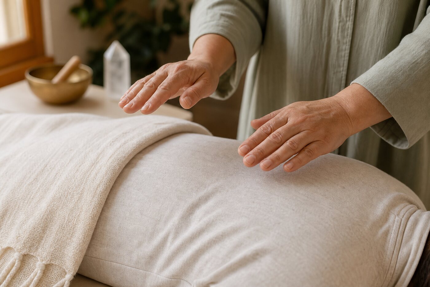 A practitioner holding open hands gently above a client during an energy healing session