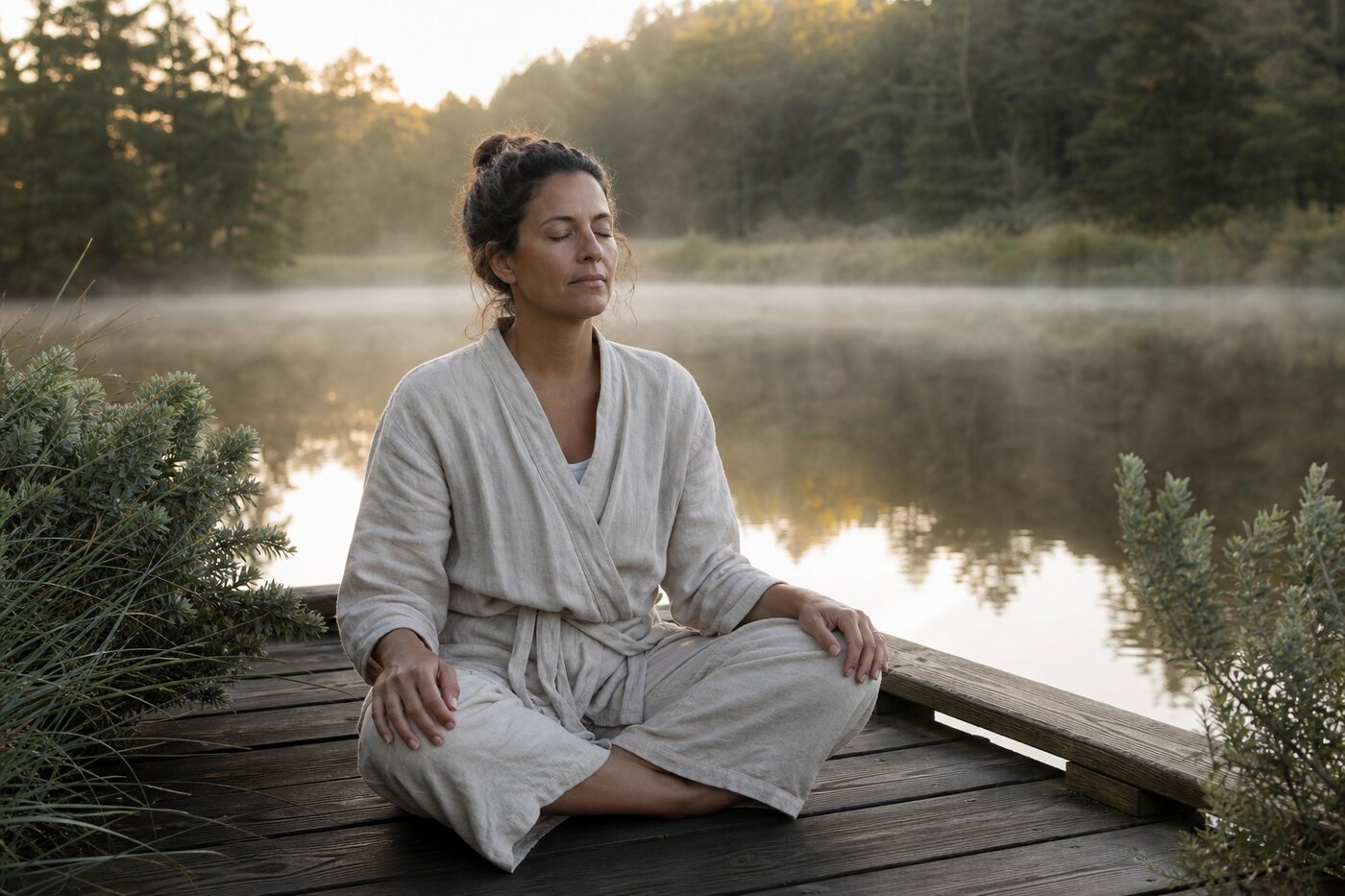 A woman meditating quietly on a wooden deck beside still water at dawn